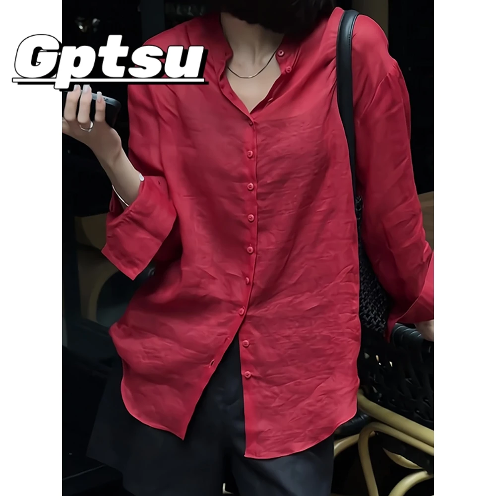GPTSu2024新款高级复古慵懒薄款长袖衬衫女洋气红色休闲显瘦上衣