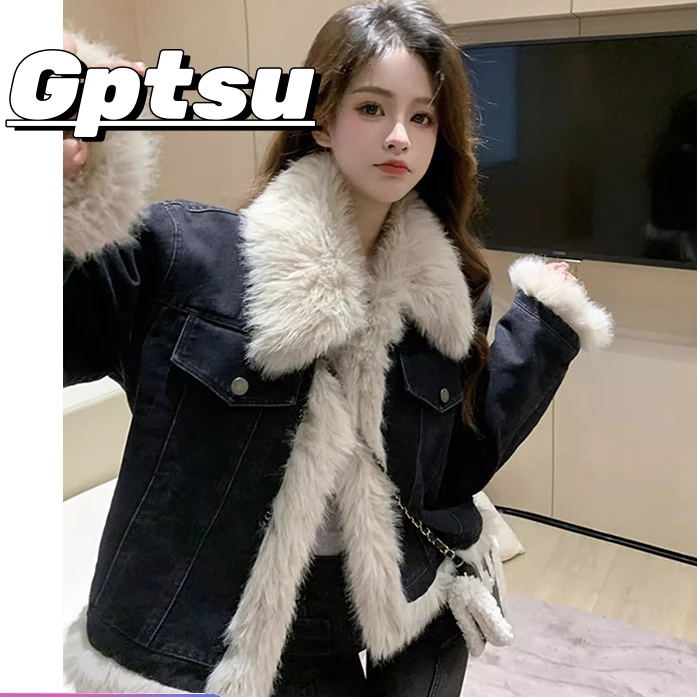 GPTSu皮毛一体派克服棉女冬新款爆款小个子短款加绒加厚牛仔外套