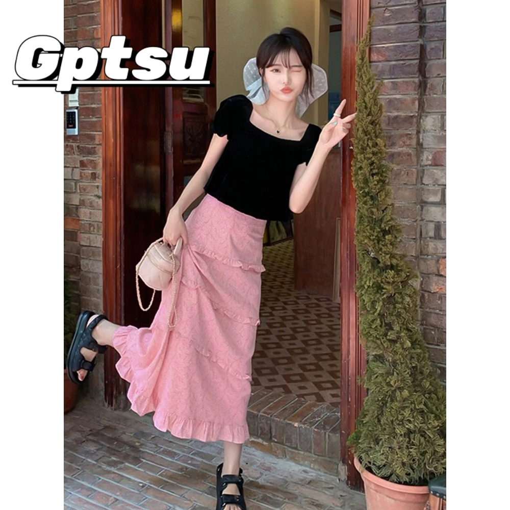 GPTSu粉色荷叶边半身裙女春夏秋新款中长款时尚流行印碎花百搭裙