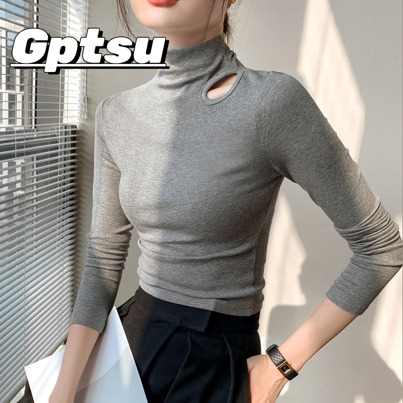 GPTSu灰色正肩长袖T恤女2025秋冬季修身显瘦内搭半高领打底衫上衣