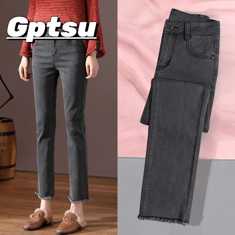 GPTSu烟灰色直筒牛仔裤女法棍春秋休闲款爆款小个子女士烟管裤子