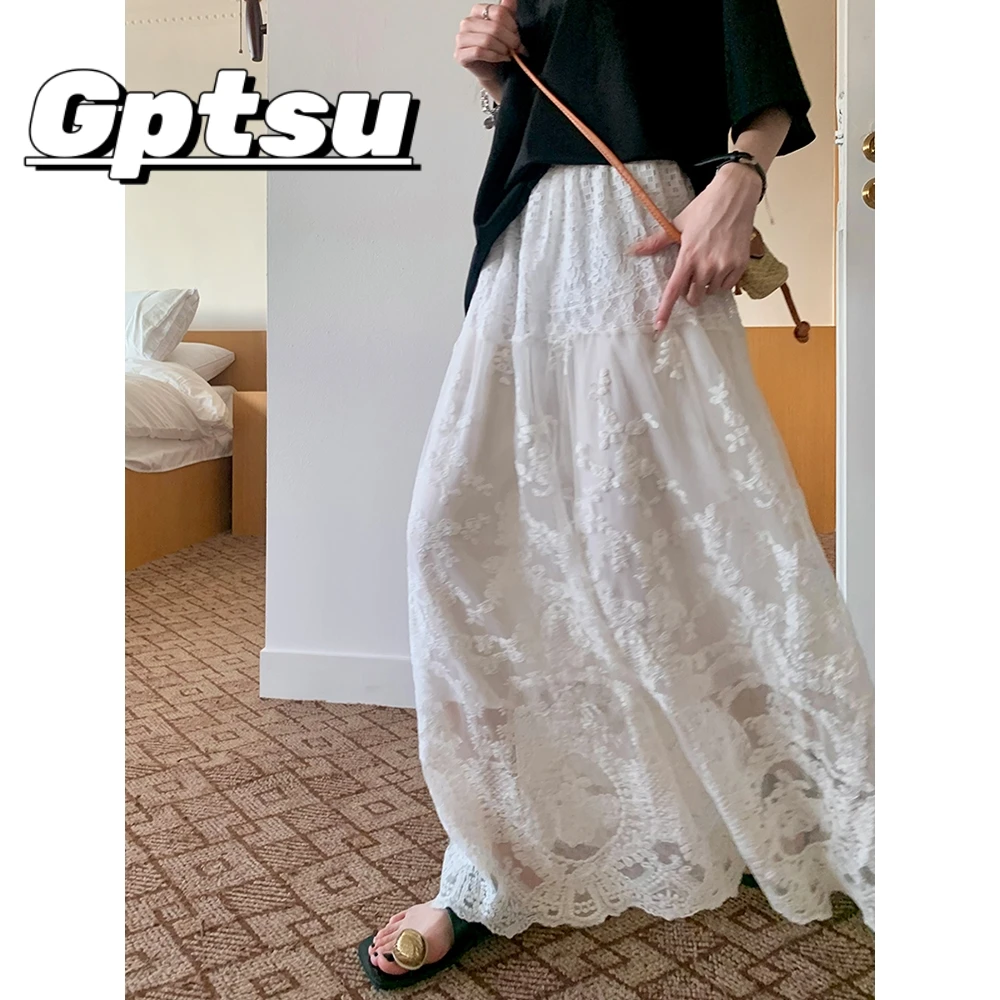 GPTSu法式蕾丝网纱半身裙女夏季设计感高腰显瘦遮胯大裙摆a字长裙