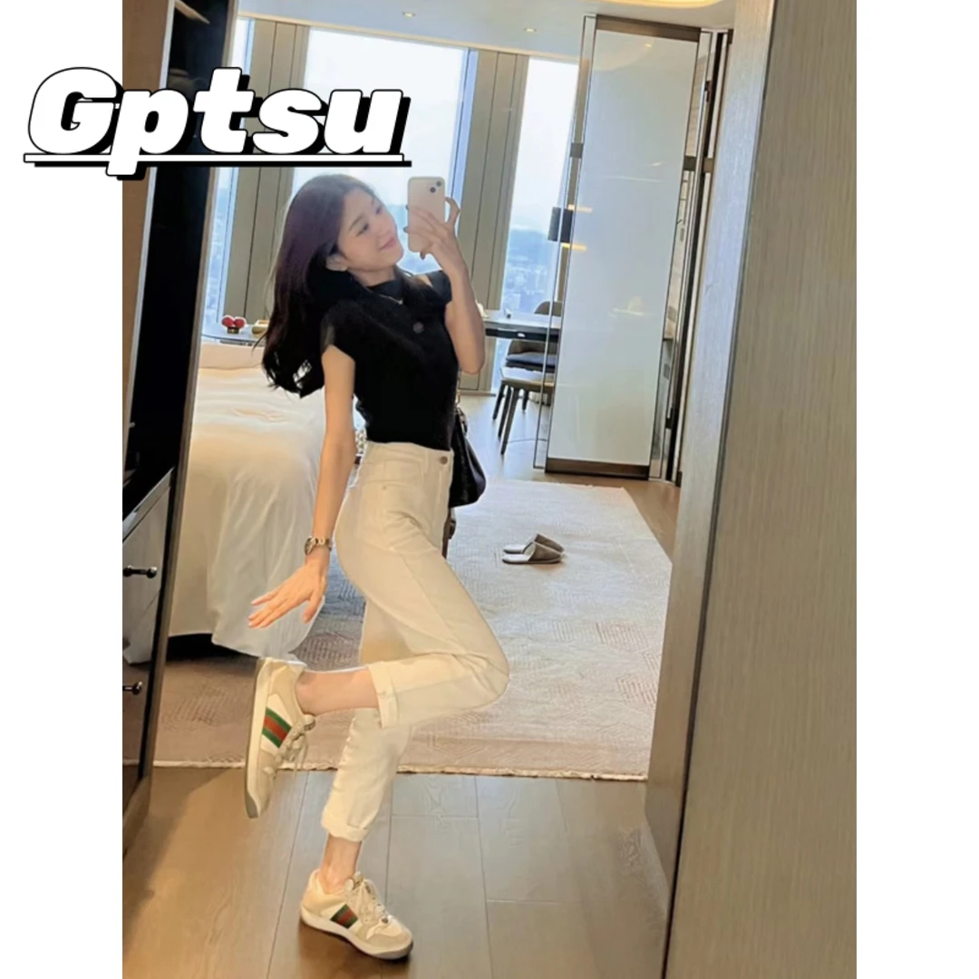 GPTSu米白哈伦直筒牛仔裤女新款高腰宽松九分小个子显瘦萝卜裤