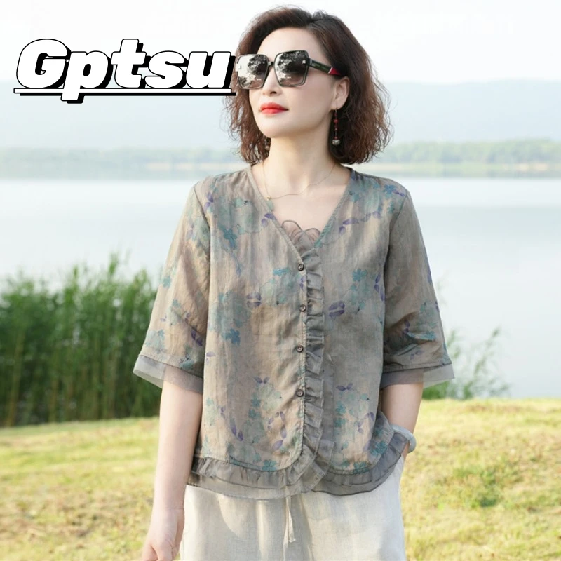GPTSu苎麻上衣女夏季高端休闲半袖衬衫妈妈时尚麻料衬衣印花显瘦