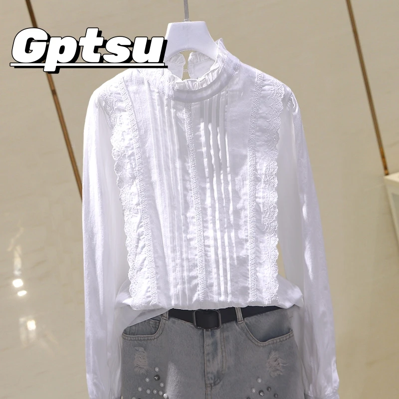 GPTSu2025春秋新款法式宫廷风别致衬衫女木耳边立领提花长袖套头
