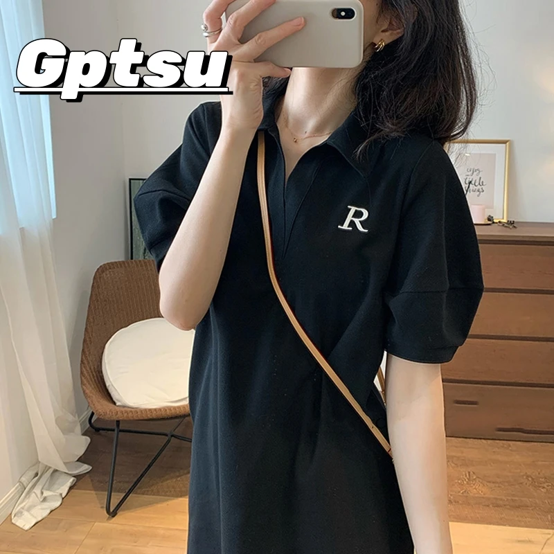 GPTSu时尚洋气polo领小黑裙2024新款夏季宽松显瘦气质短袖t恤裙女