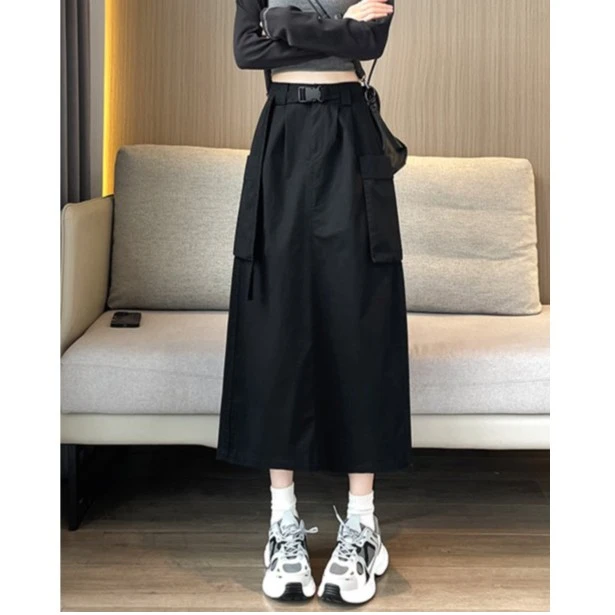 GPTSu美式工装裙女小个子2025新款大口袋开叉高腰a字中长款半身裙