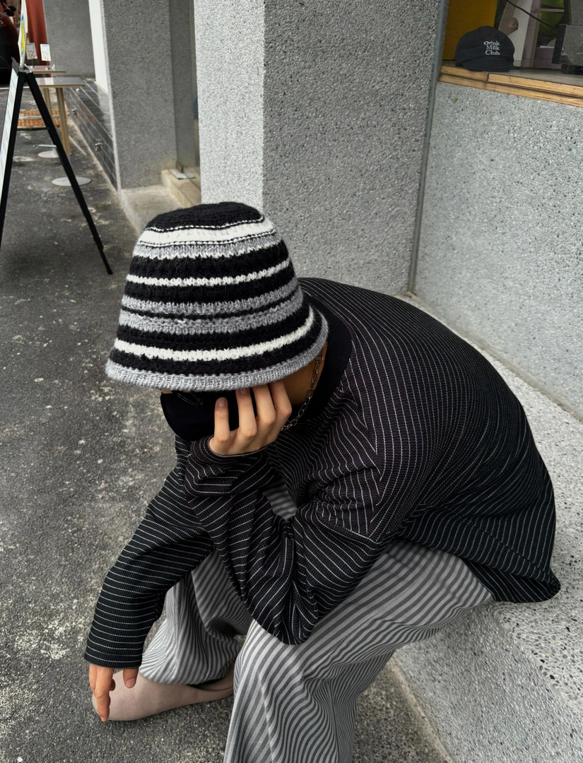 【AC】条纹编织高级感秋冬渔夫帽出游男女超出片盆帽韩范时尚ins韩