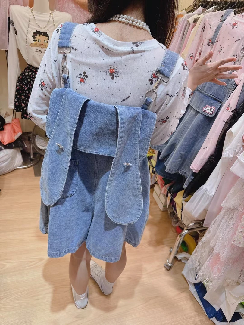 夏季新款 韩版宽松 兔耳朵牛仔背带短裤