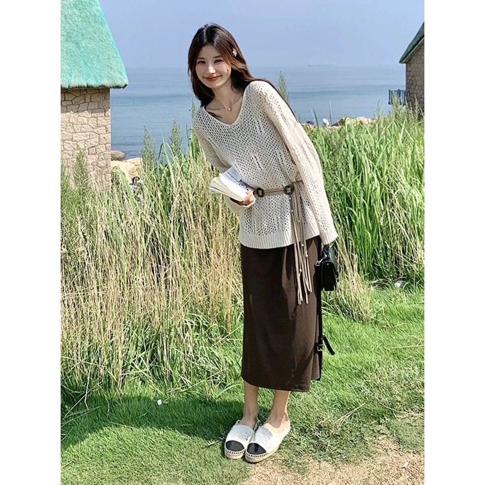 2025早秋穿搭连衣裙套装女秋季新款慵懒风镂空针织衫背心裙两件套