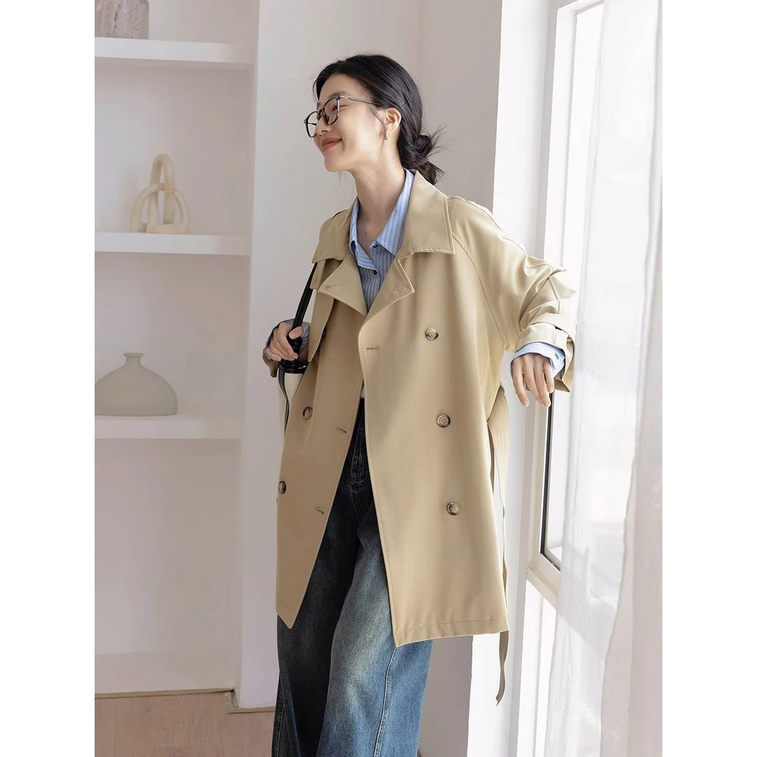 2025卡其色风衣外套女秋季新款英伦风双排扣小个子法式中款大衣女