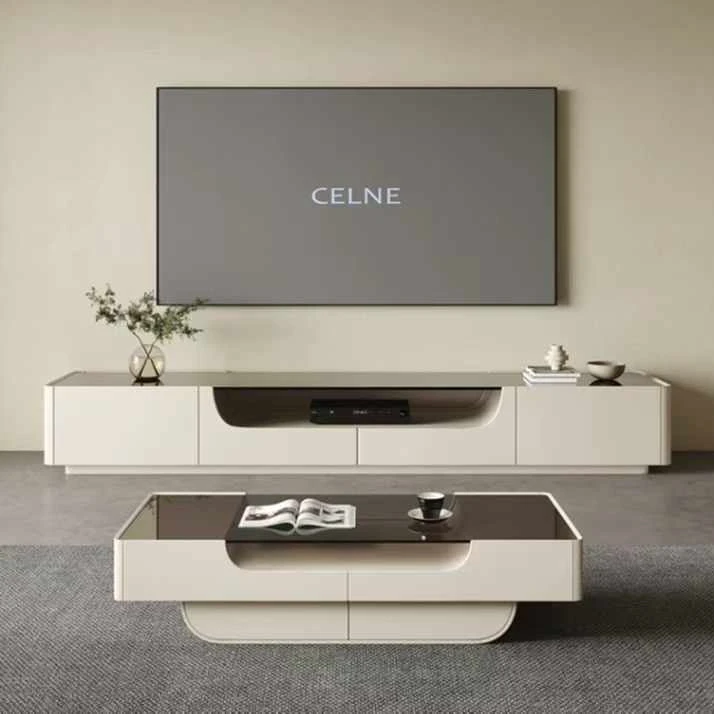 奶油风160岩板茶几电视柜