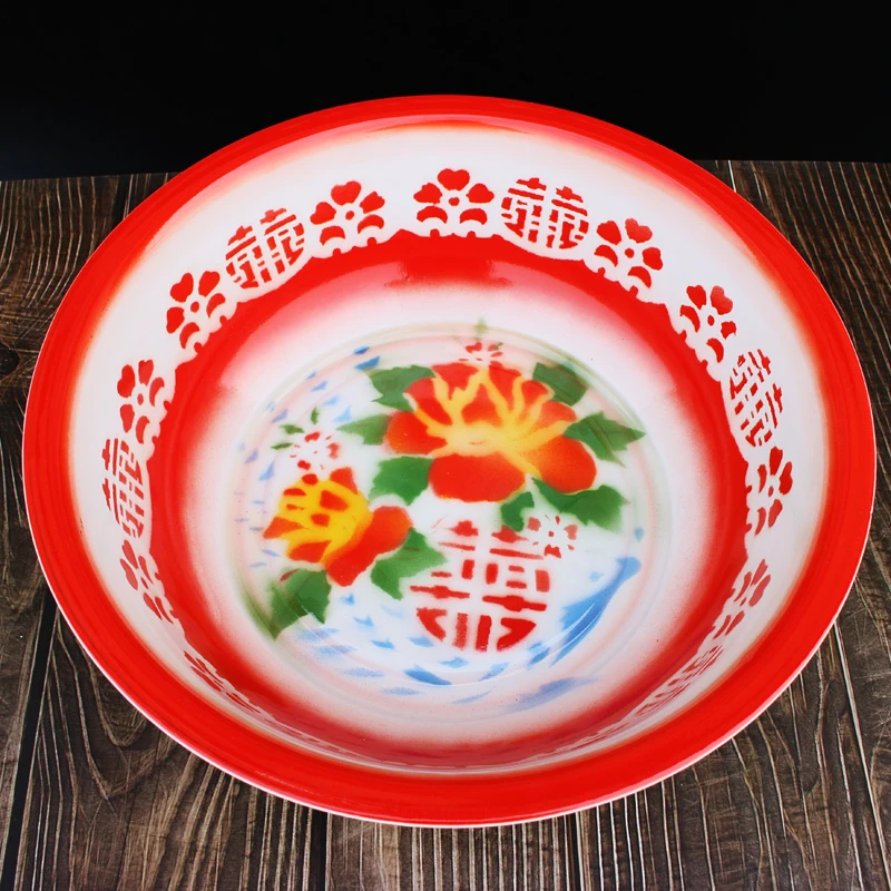 36cm加厚传统婚庆搪瓷盆洗脸盆和面洗菜盆经典怀旧花边喜字洋瓷盆