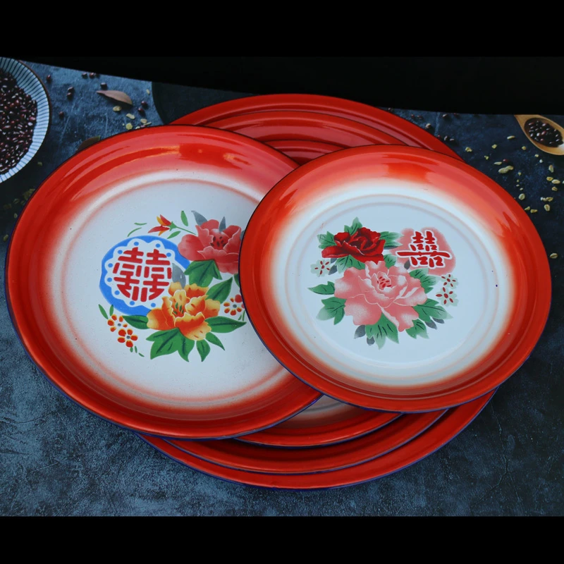 25cm加厚老式怀旧搪瓷茶盘大盘鸡鱼菜盘水果盘中式复古家用圆托盘