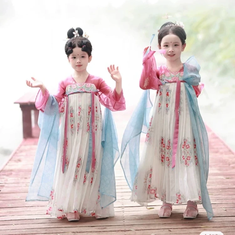 喵小喵汉服女童宝宝齐胸唐汉元素花鸟团花纹复古可爱中国风连衣裙