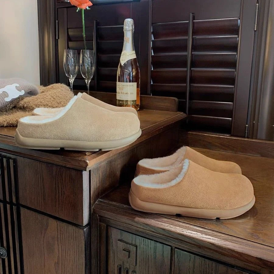 【茵茵家】加绒毛毛鞋保暖包头一脚蹬勃肯半拖雪地靴女秋冬棉鞋新款