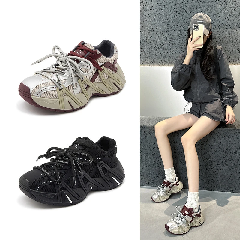 【茵茵家】时髦双鞋带网面拼接厚底增高休闲老爹鞋女运动鞋春夏新款