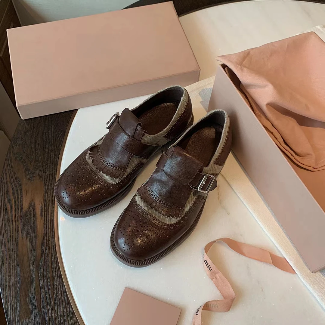 【茵茵家】重工真皮英伦风复古粗跟流苏雕花布洛克皮鞋女牛津鞋新款