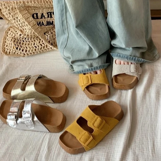 【葡萄妈同款】港岛假日~懒人一脚蹬双排扣沙滩厚底凉拖勃肯鞋女夏