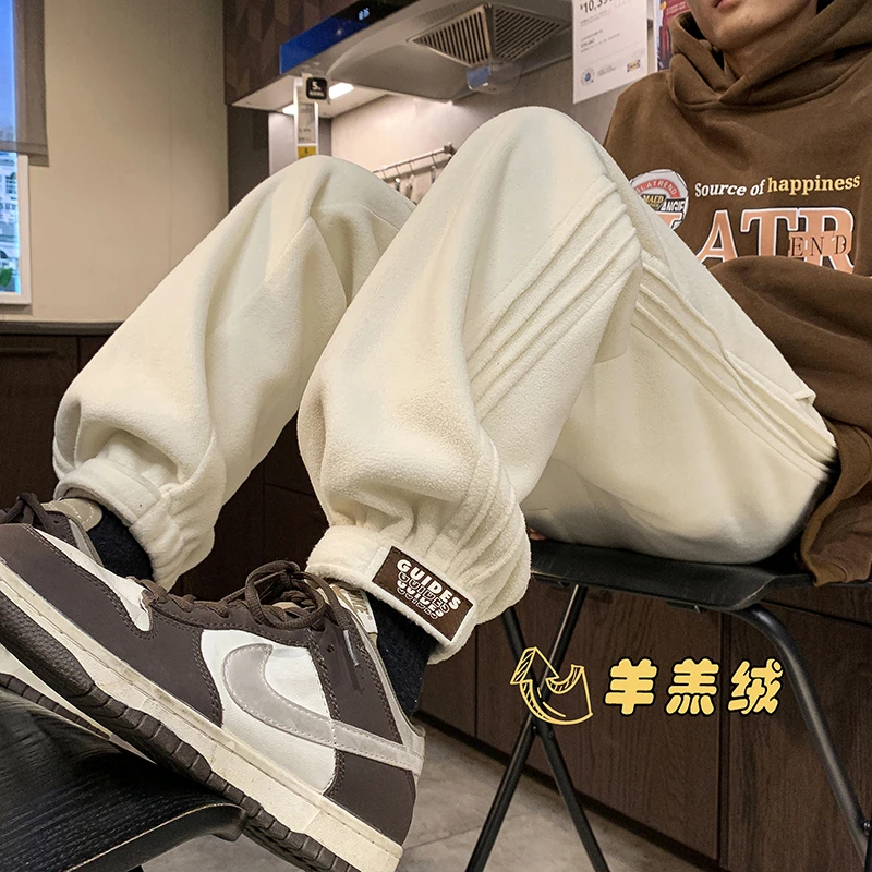 魔术贴纯色束脚卫裤男秋冬季加绒加厚潮流直筒裤高级感痞帅运动裤