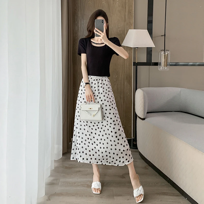 波点半身裙套装法式复古收腰夏季新款小个子显瘦气质洋气时尚百搭