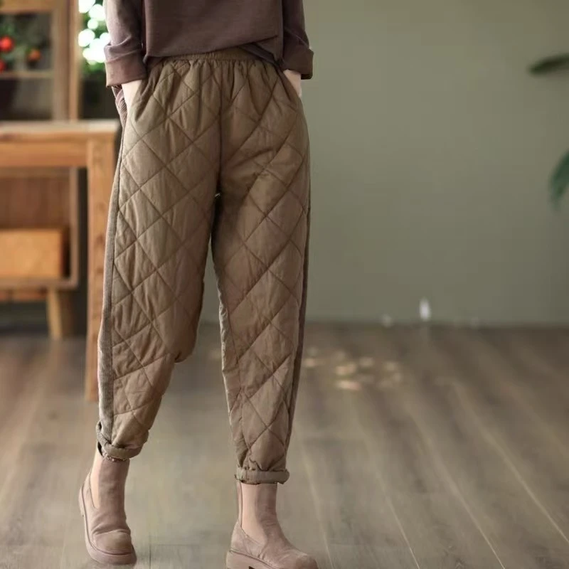 夹棉加厚文艺复古女冬季棉裤松紧腰宽松显瘦束脚哈伦裤保暖长裤