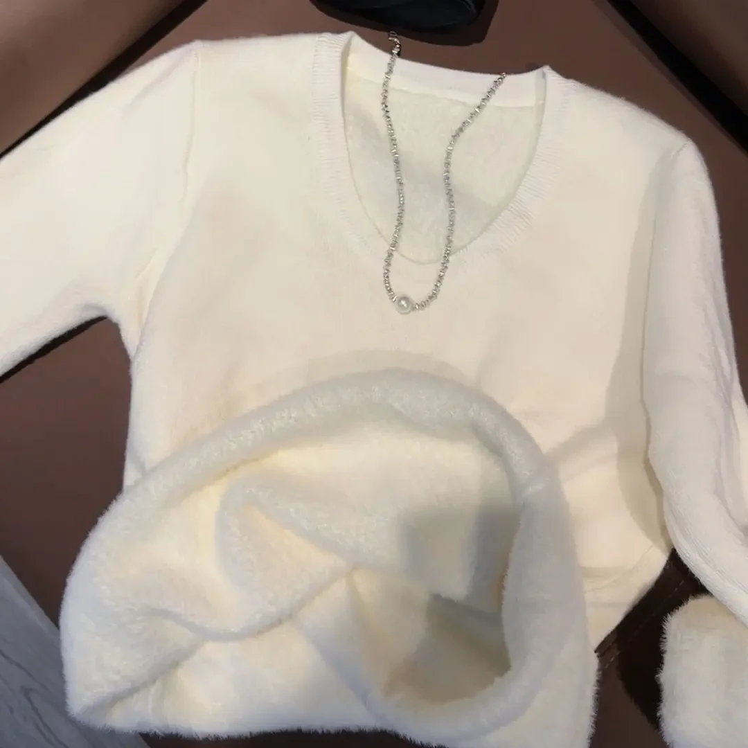 U领加绒毛衣女秋冬加厚2024新款一体绒保暖上衣打底衫女内搭外穿