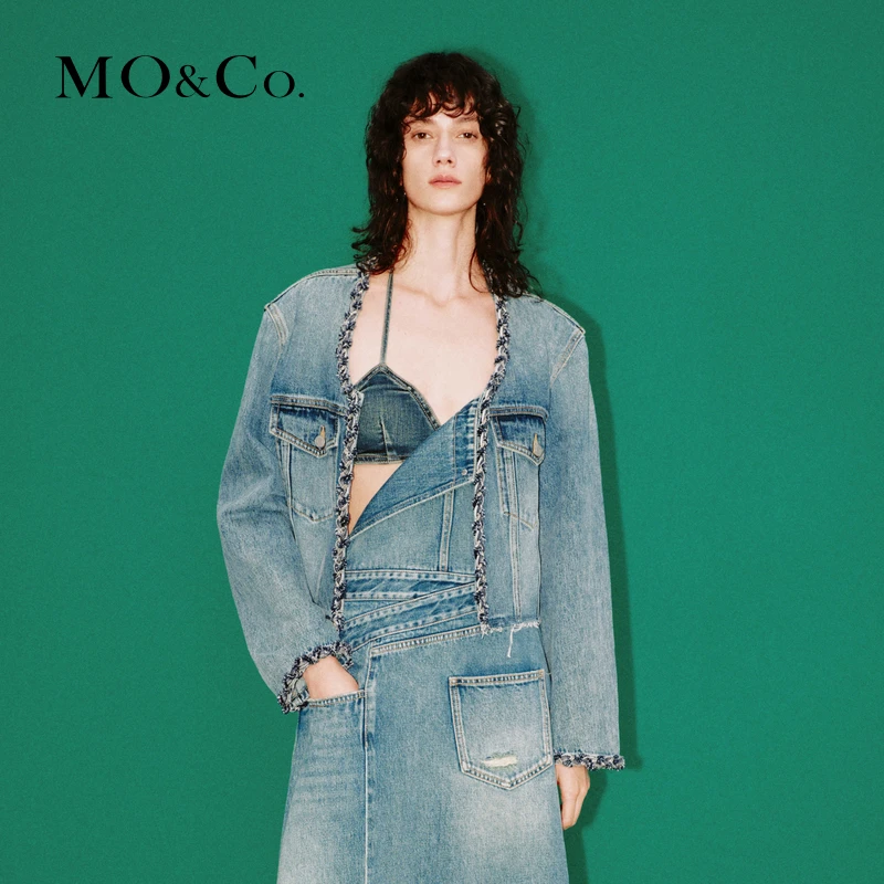 MOCO春手工编织镶边小香风短廓形牛仔夹克外套MBD1JKT011