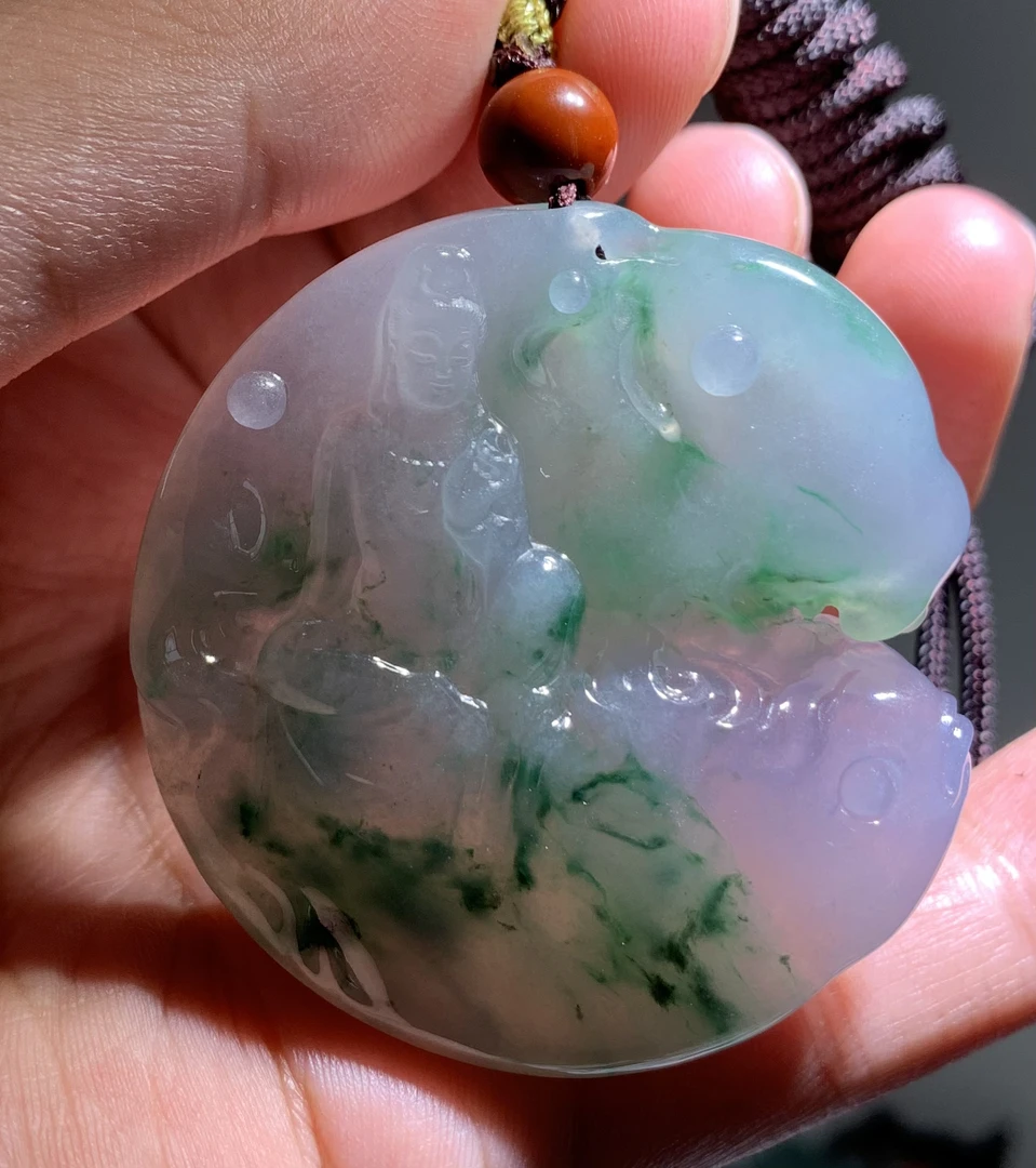 【鳌鱼观音】缅甸天然A货翡翠冰种春带彩特色镯心三彩鳌鱼观音挂件