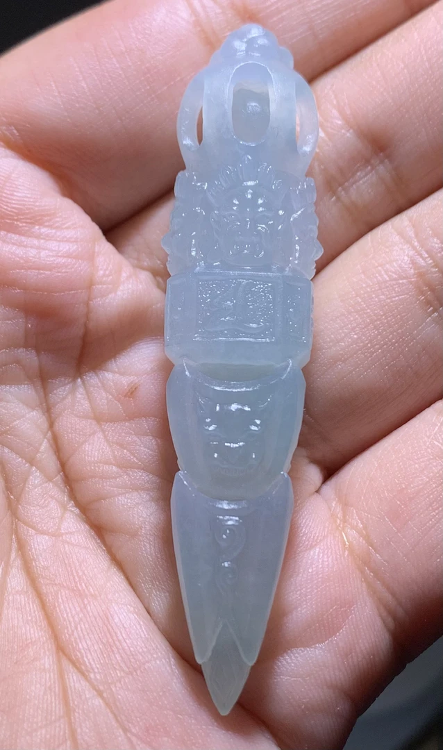 【金刚杵】缅甸天然A货翡翠毛货冰种天空蓝特色金刚杵手工立体镂空