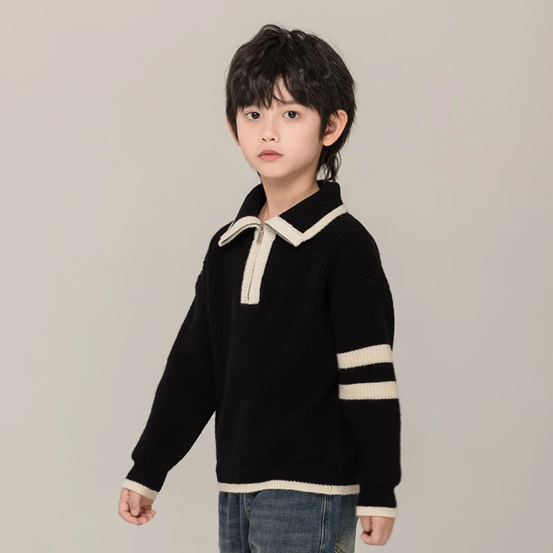 100羊毛 男童翻领毛衣半拉链秋冬新款儿童羊毛衫