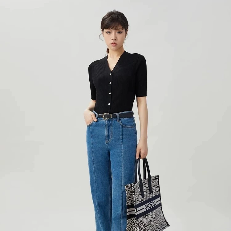 【阿美设计】桑蚕丝坑条显瘦薄款透气短款针织衫上衣纯色夏季2471