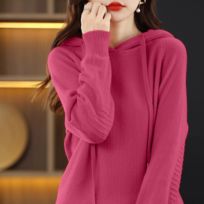 2025春秋新款女士针织帽衫宽松套头连帽针织卫衣休闲外穿