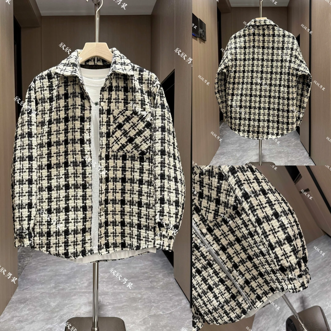 黑白千鸟格小香风燕尾宽松潮流时尚翻领男士休闲外套
