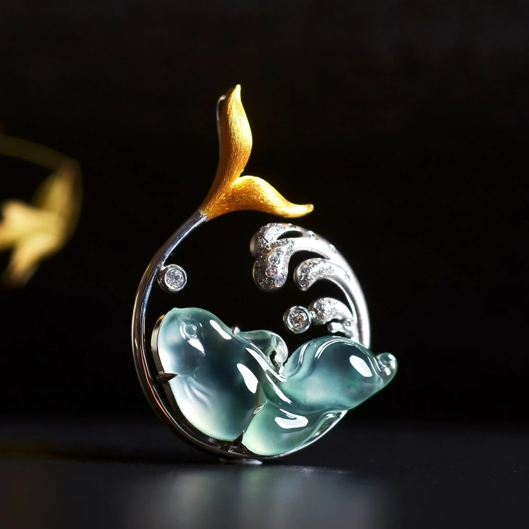 徐氏翠缘缅甸A货G18K玻璃种飘绿花金玉满堂翡翠挂件女士气质挂坠