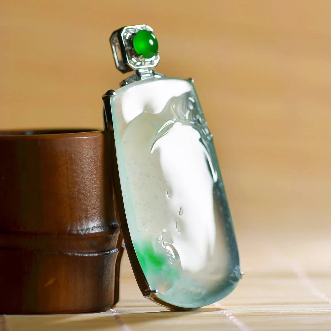 缅甸翡翠A货G18K玻飘翠竹报平安挂件