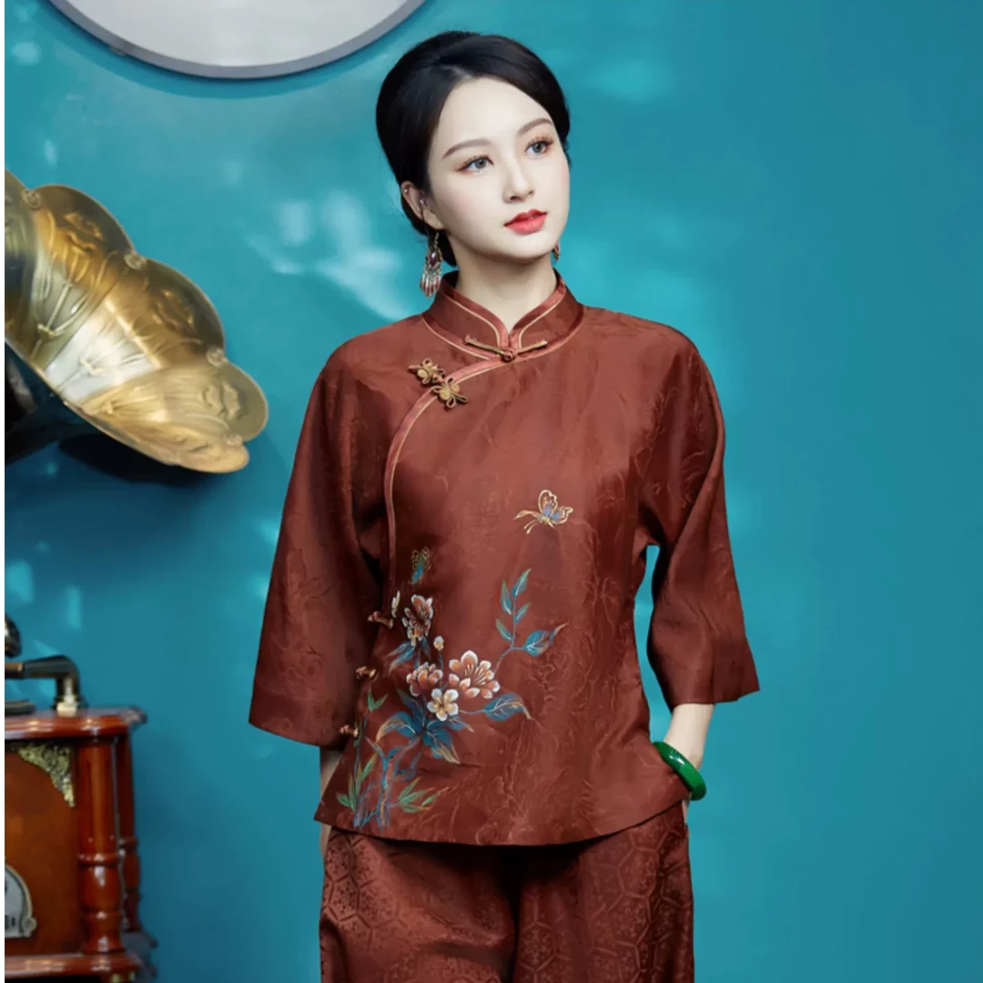 华族经典【鸿羽轻纱】红云纱短款唐装上衣复古中式气质女夏季