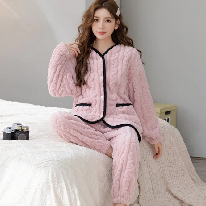 （秘优）春秋季甜美简约保暖女士v领小香风加绒加厚睡衣家居服套装