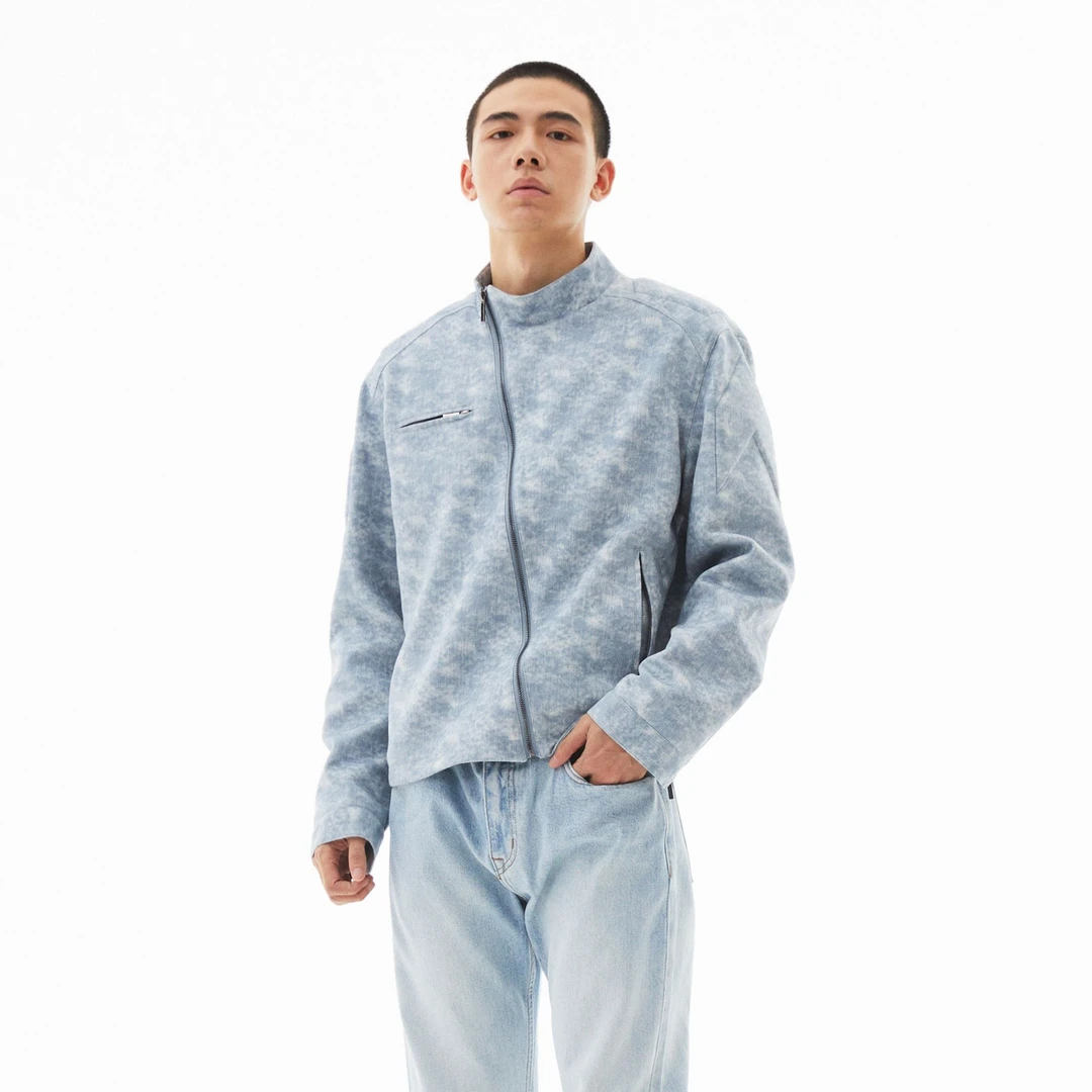 AsI'm “伪装者”立体钢印雾蓝灰色黑色 斜拉链显壮短宽夹克