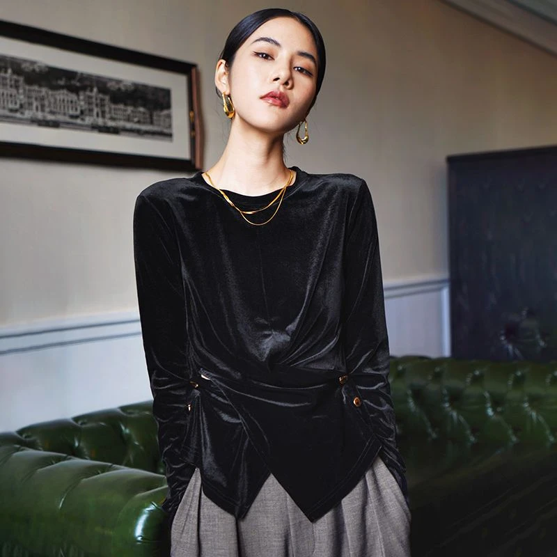 加厚金丝绒上衣女2024春秋季新款加绒内搭洋气长袖打底衫欧洲站潮