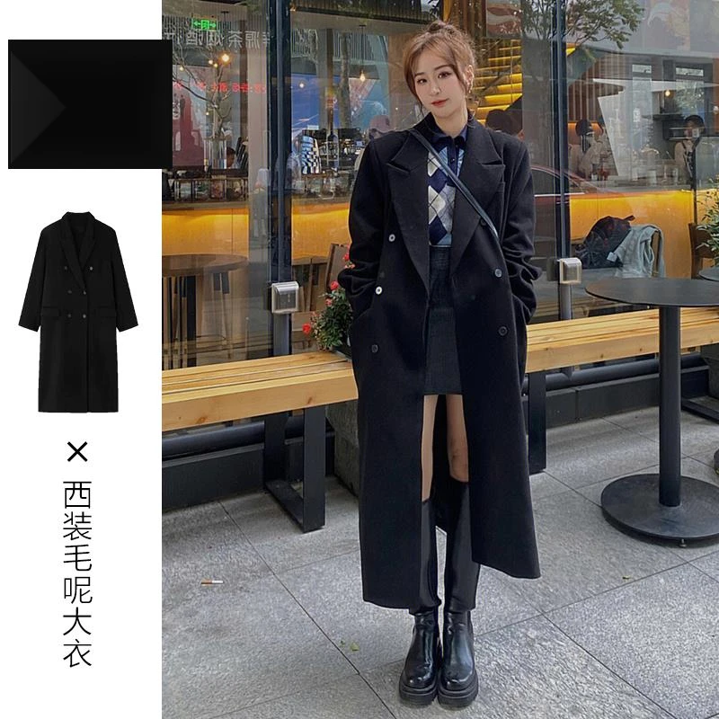 黑色西装呢子大衣女款2025冬季新款赫本风正肩中长款气质毛呢外套