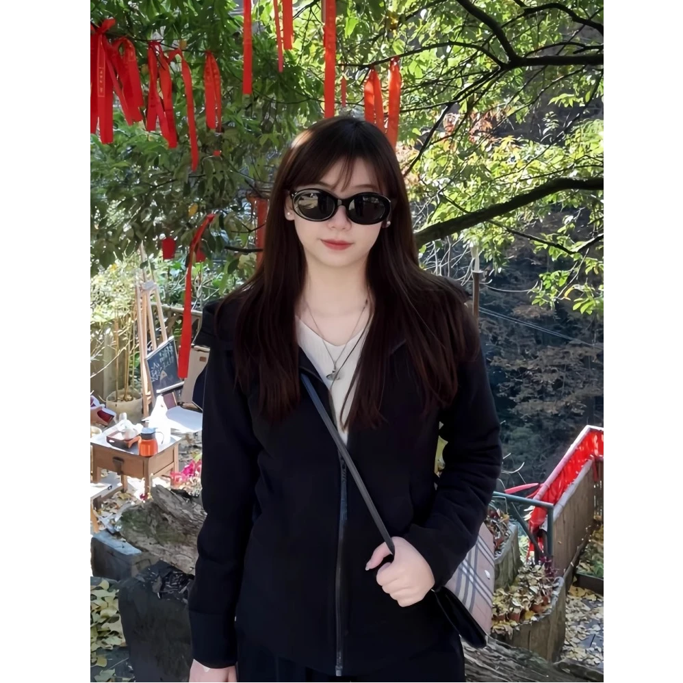 黑色外套女春秋款小个子轻熟风高级感初秋穿搭修身卫衣运动上衣厚