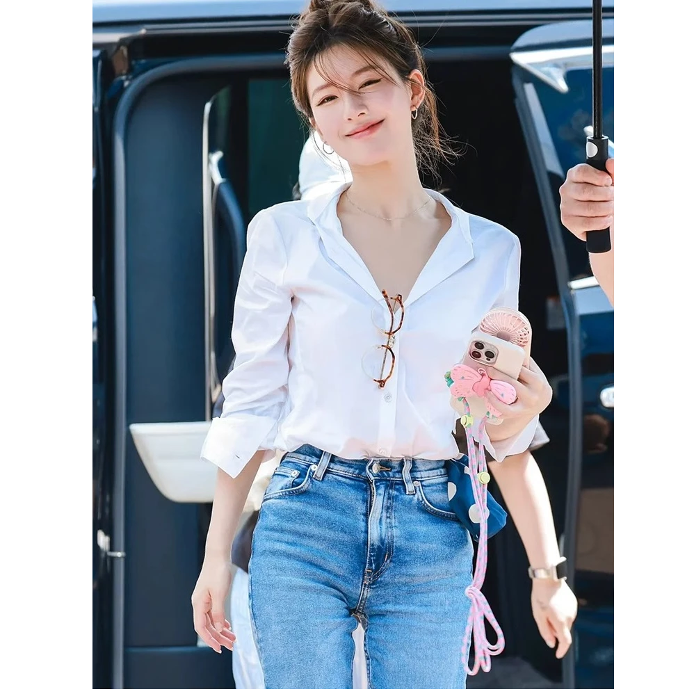 赵露思同款白色衬衫女四季百搭衬衣女款穿搭套装衣服v领上衣外套