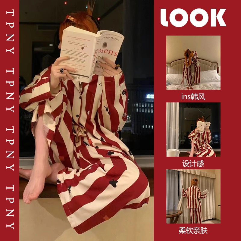 情侣睡衣女红色秋冬潮牌大码200斤ins新款长袖可外穿家居服男套装