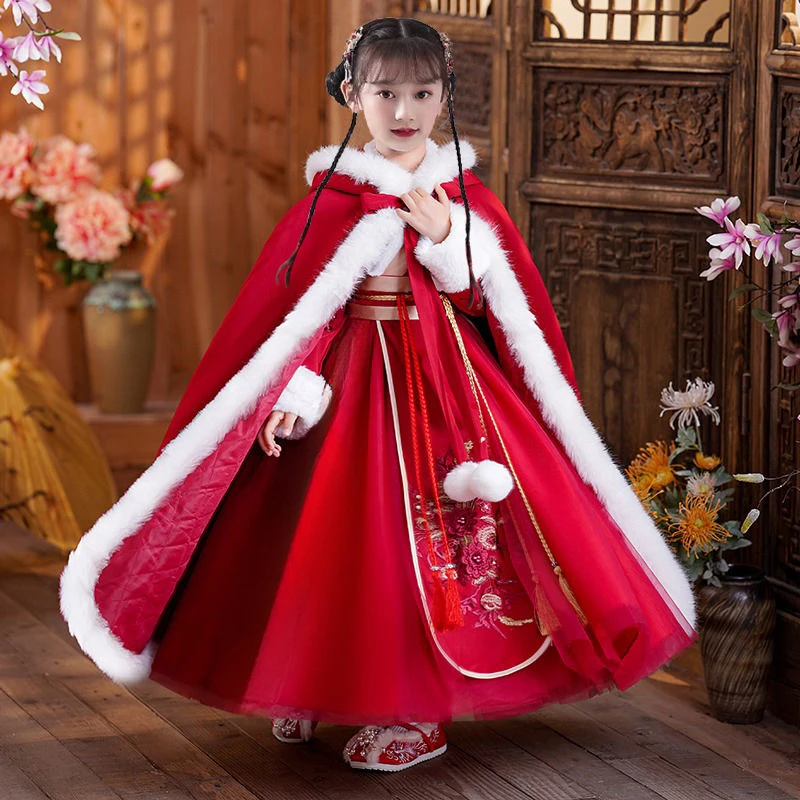 女童冬款汉服加绒加厚汉服拜年服红色古风2024女童长款喜庆拜年服