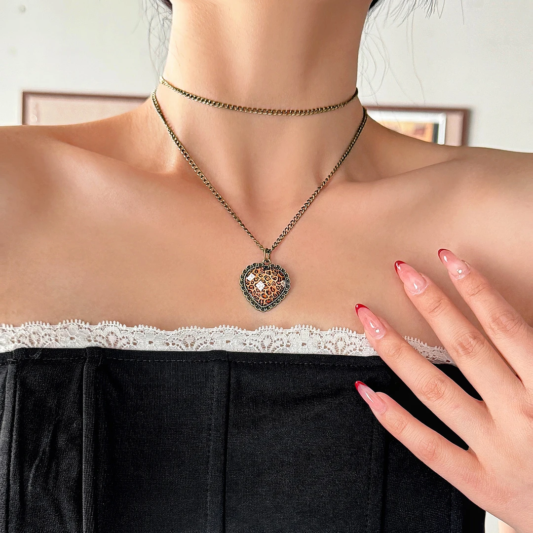 合金项链 豹纹项链美式复古辣妹颈链长款多种戴法vintage做旧项链