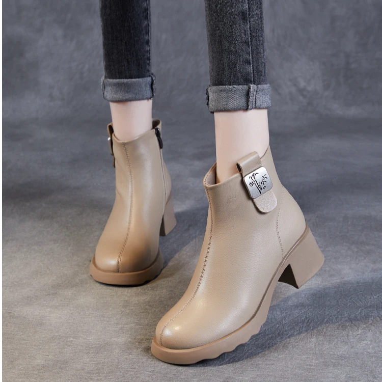 【老龙原创】 时尚高跟瘦瘦靴羊皮2024侧拉链短靴百搭显瘦时装靴子