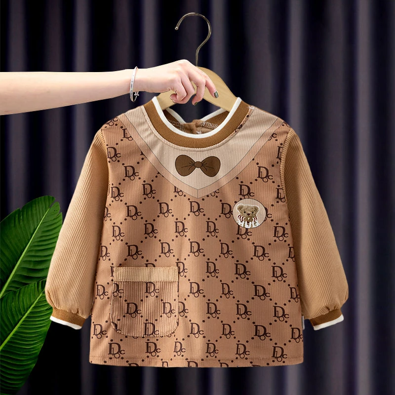 宝宝防水脏罩衣秋冬季儿童倒褂长袖吃饭衣婴幼儿围兜扣子护衣围裙