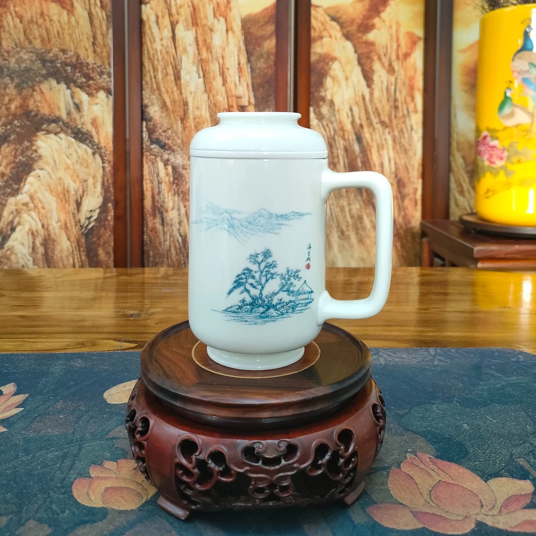 手工雕刻陶瓷茶杯带盖带茶漏手绘大容量主人杯盖杯大师手工刻瓷
