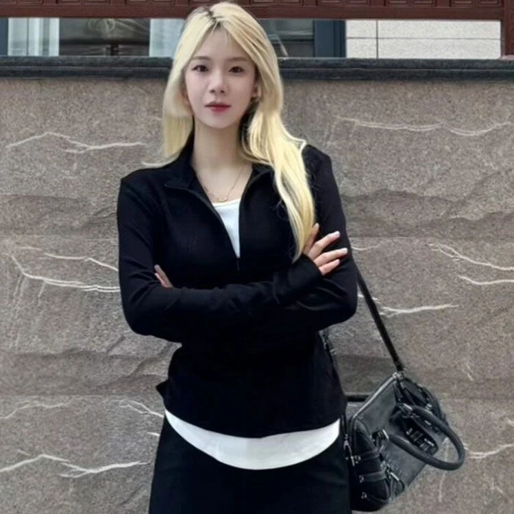 美式辣妹v领假两件上衣女秋内搭设计感修身上衣2025新